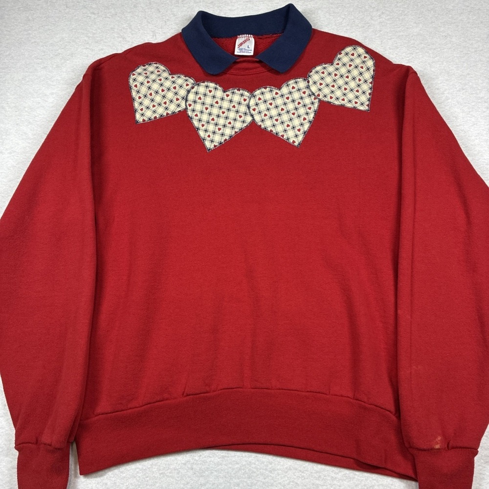 Vintage 90s Jerzees Collared Sweatshirt Womens Large Red Heart Applique Grandma